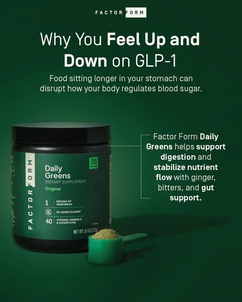 This image ad from Factor Form discusses how their Daily Greens product can help support digestion and stabilize nutrien