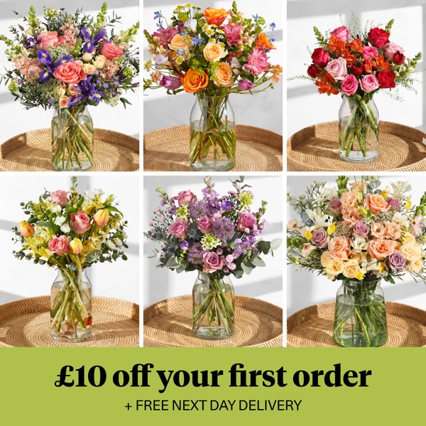 A grid of six different flower bouquets in glass vases, with a green banner at the bottom advertising a discount and fre