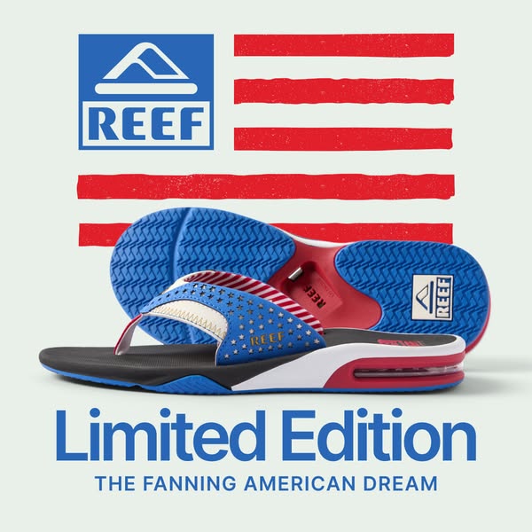 This image ad showcases Reef's Limited Edition Fanning American Dream sandals, emphasizing their unique design and p