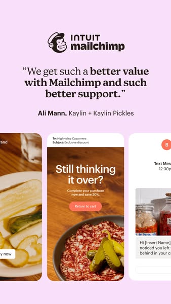 This ad for Mailchimp features a customer testimonial about the platform's value and support. The ad uses images of 