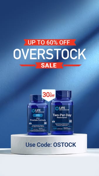 Ad for Life Extension brand of vitamins and supplements, featuring an overstock sale offering up to 60% off. Two of the 