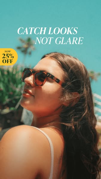 This ad for sunglasses features a woman on a sunny day by the beach and promotes a limited time 25% off discount.