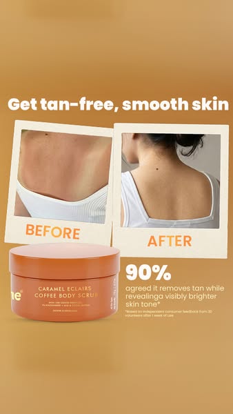 This ad shows the results of using the Caramel Eclairs Coffee Body Scrub to reveal tan-free, smooth skin. It features a 