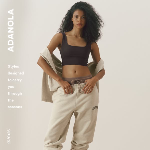 This ad features a woman modeling a bralette and sweatpants. The ad focuses on the comfort and style of the clothing ite