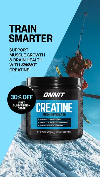 This ad promotes Onnit Creatine+ as a supplement to support muscle growth and brain health. It features an image of the 