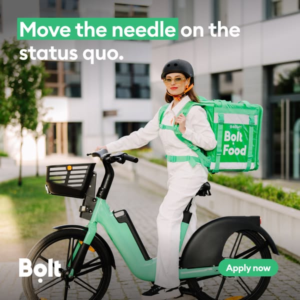 This ad features a person riding a Bolt bike while wearing a Bolt food delivery backpack. The ad copy highlights the bra