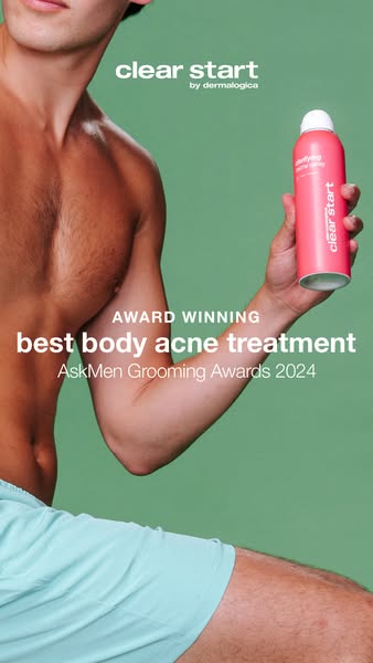 This ad promotes Clear Start body acne treatment from Dermalogica. It uses a male model to showcase the product and high