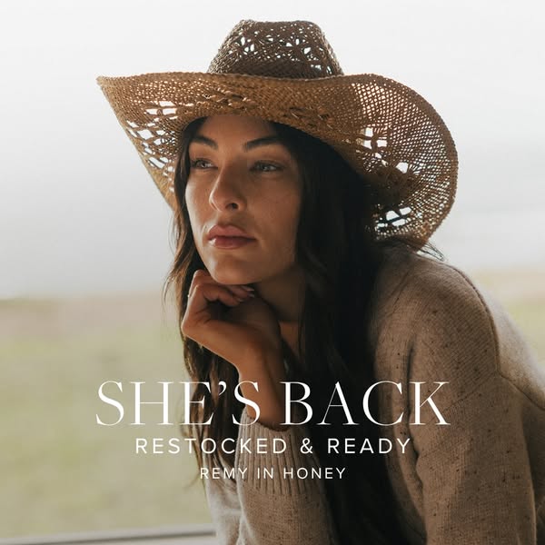 This ad shows a woman wearing a straw hat. The text indicates that the 'Remy' hat in 'Honey' color is no