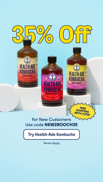 This ad promotes Health-Ade Kombucha with a 35% off discount and free shipping for new customers who use the code NEW2BO
