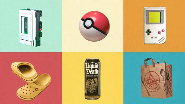 This ad is a collage of various products over a background of alternating colors.