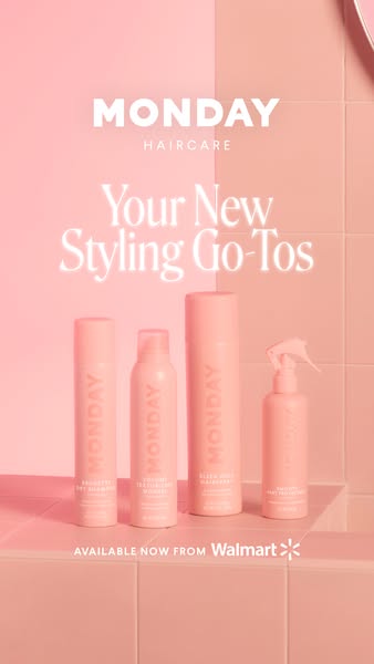This ad showcases four MONDAY Haircare styling products against a monochromatic pink backdrop, emphasizing their availab