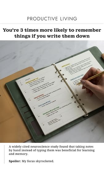 The ad highlights the benefits of writing things down by hand, citing a neuroscience study that supports this claim. It 