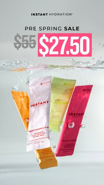 This ad showcases Instant Hydration drink mix packets in four flavors, displayed underwater. A sale is promoted in the t