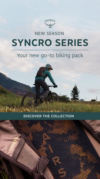 This image ad for Osprey promotes the new season of Syncro Series biking packs, featuring a biker on a trail and a close