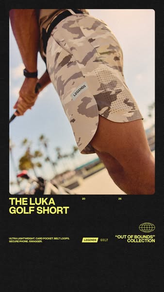 A close up shot of a person playing golf in the Luka Golf Shorts. The ad highlights the key features and promotes the pr
