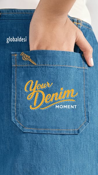 The Global Desi ad shows an up-close shot of blue denim material, focusing on the back pocket. The pocket features an em