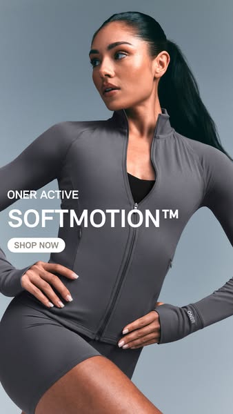 This image ad showcases activewear from Oner Active. It features a woman wearing a zip-up jacket and shorts, both in a g