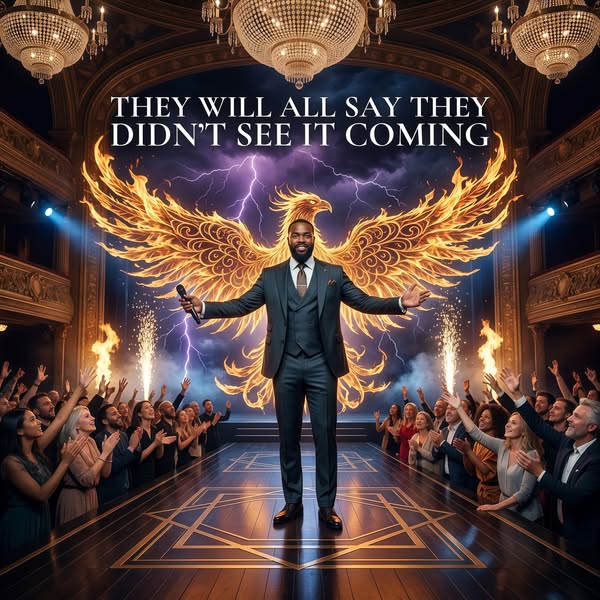 This ad shows a man in a suit on a stage, giving a presentation. The background includes a phoenix and lightning, and th
