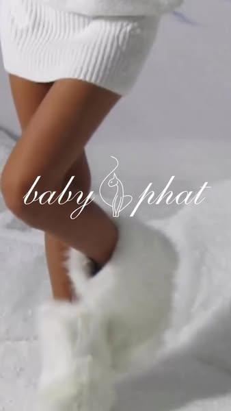 A closeup image shows the Baby Phat furry boots on a woman in a white dress. The brand's name is displayed over the 