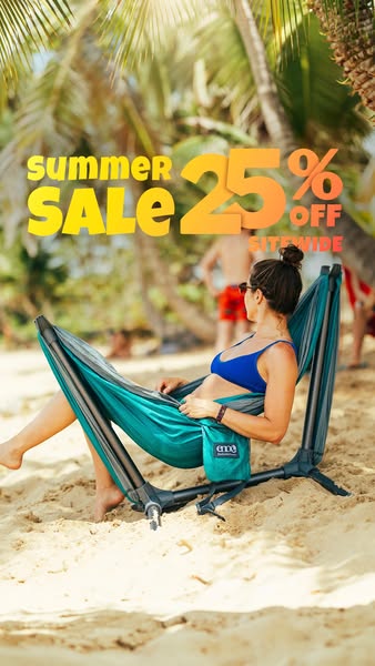 This image ad promotes ENO (Eagles Nest Outfitters) and their summer sale. It features a woman relaxing in an ENO hammoc