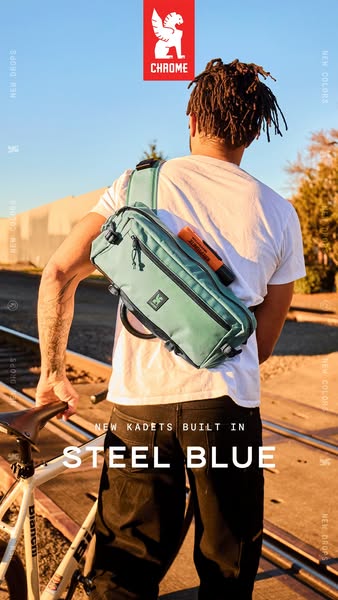 This ad highlights the Chrome brand sling bag available in a new steel blue color. The ad features a man in a white t-sh
