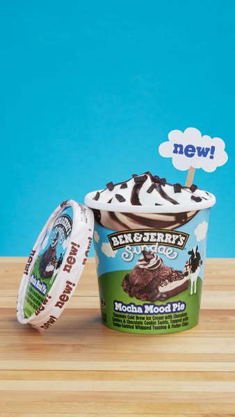 A close-up shot of Ben & Jerry's Mocha Mood Pie Sundae, highlighting its newness and delicious ingredients.
