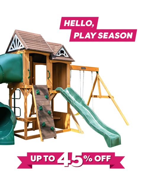 This image ad for a Backyard Discovery playset shows the complete playset, and features the headline "Hello, Play S