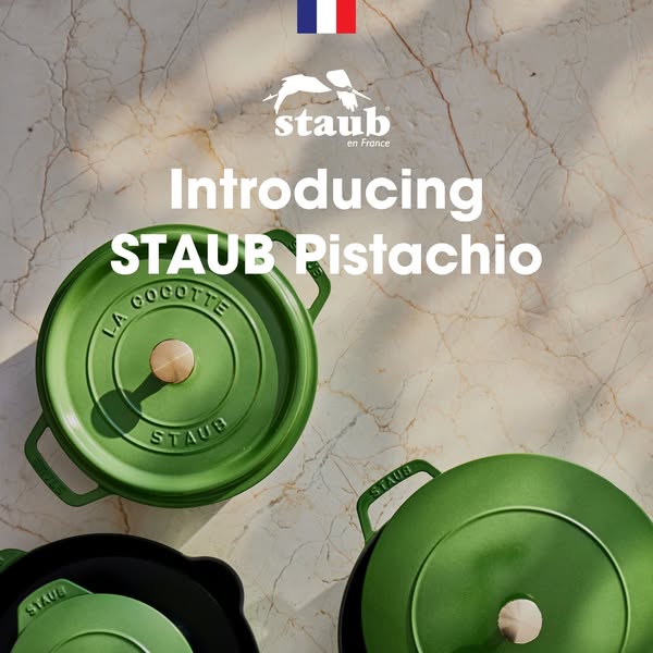 This image ad showcases Staub's cocottes in the new Pistachio color. The ad features a French flag in the upper corn