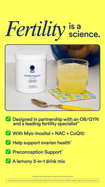 This image ad for Ritual Fertility Support highlights the product's partnership with fertility specialists, key ingr