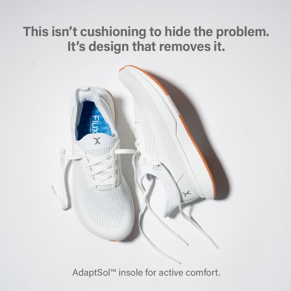 This ad showcases Flux shoes, emphasizing their design-focused approach to solving foot comfort issues rather than relyi