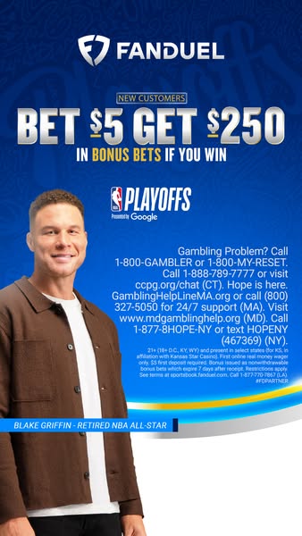 This Fan Duel image ad encourages new customers to bet $5 and get $250 in bonus bets if they win. The ad features Blake 