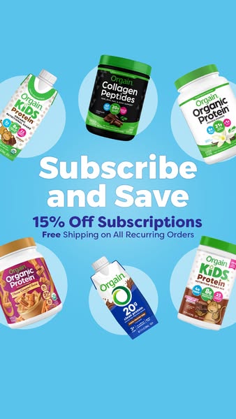 This ad promotes a 15% discount on Orgain subscriptions with free shipping on recurring orders.