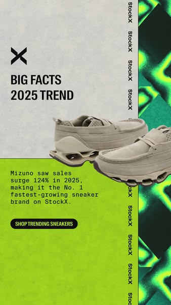 This social media image ad showcases Mizuno sneakers, highlighting their significant sales surge on StockX. The ad uses 
