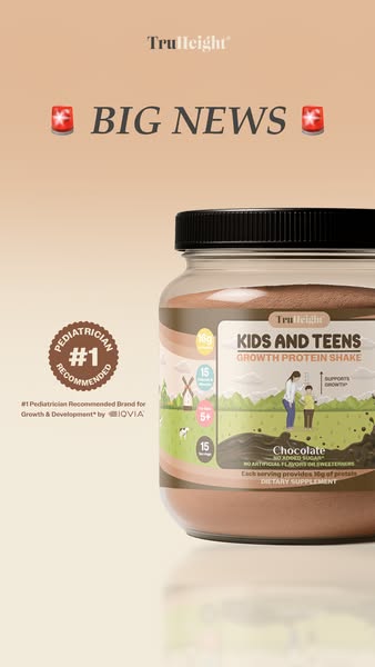 This image ad for TruHeight Kids and Teens Growth Protein Shake highlights that it is pediatrician recommended and suppo