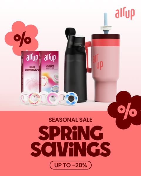 This ad features Air Up products, including their water bottles and flavor pods, promoting a seasonal spring savings sal