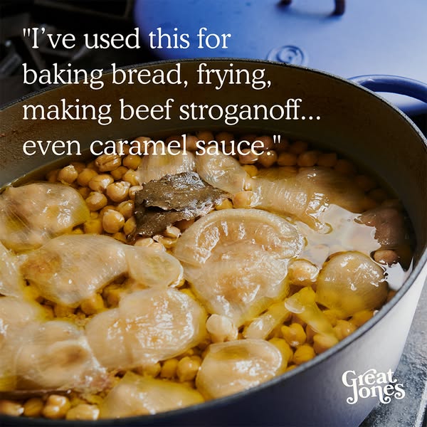 This Great Jones ad features a high-angle shot of a braiser filled with chickpeas and pearl onions, alongside a testimon
