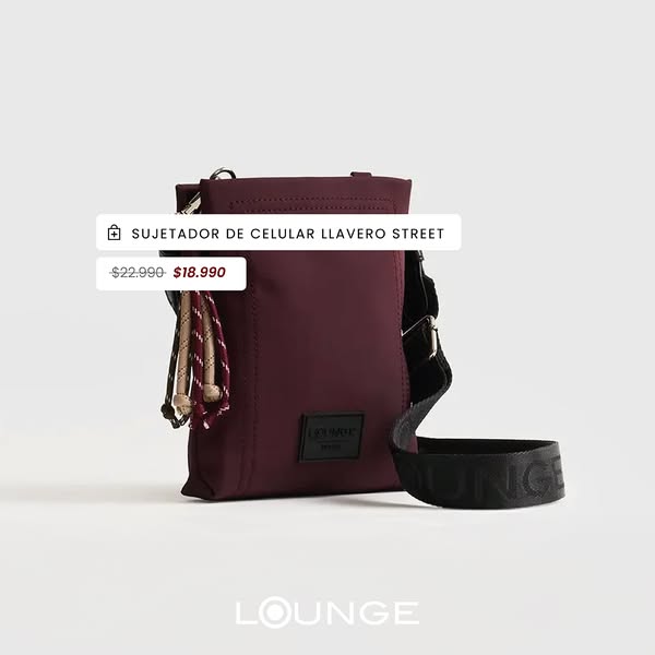 This ad features a close-up shot of a Lounge brand cell phone bag with a shoulder strap. The ad highlights the discounte