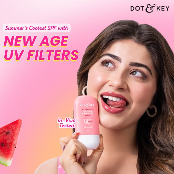 This ad promotes Dot & Key Watermelon Cooling Sunscreen. The ad features a woman holding the product next to a water