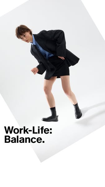 This ad focuses on a single person dressed in business-casual attire. The person is wearing black shoes and socks, a dar