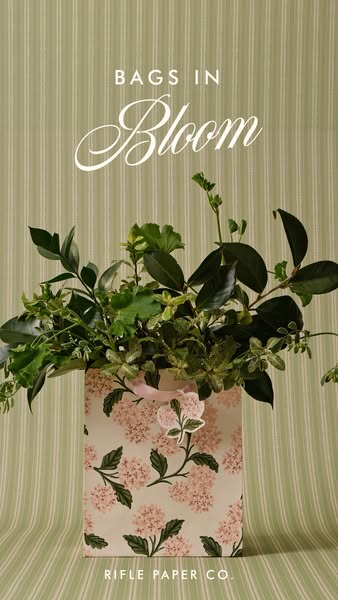 A product ad for Rifle Paper Co. showcases a floral paper bag filled with greenery against a striped backdrop. The overa