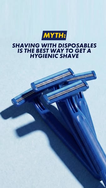 The ad challenges the common perception that disposable razors are the most hygienic choice for shaving. It presents thi