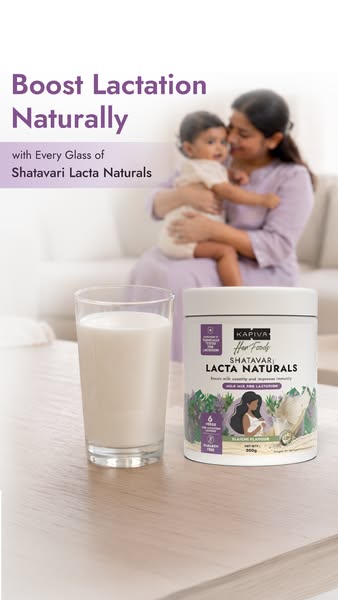 The ad promotes Kapiva Shatavari Lacta Naturals as a natural way to boost lactation. The image features a glass of milk 