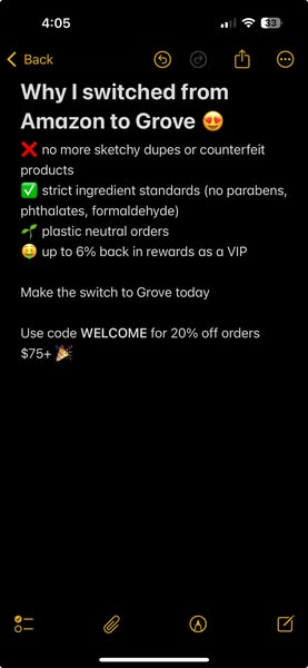 This ad uses a screenshot of a phone's note app to communicate why the poster switched from Amazon to Grove. The not