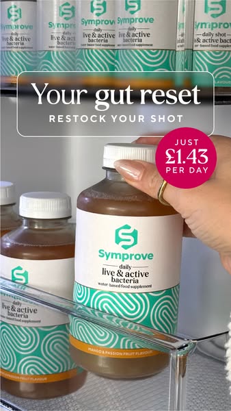 This in-feed image ad for Symprove shows the product in a refrigerator with the headline 'Your gut reset. Restock yo