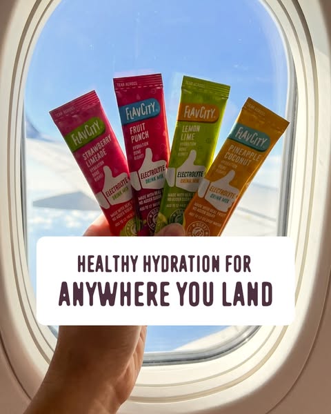 This ad showcases four flavors of FlavCity electrolyte drink mix while highlighting its portability and associating it w