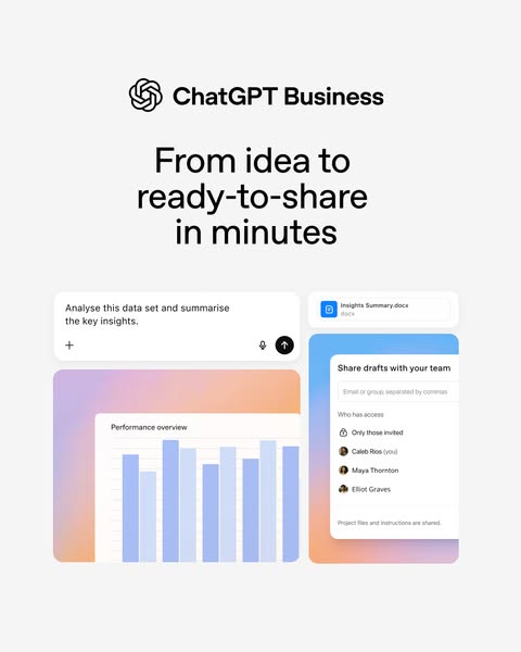 This ad promotes ChatGPT Business by showcasing its ability to turn ideas into shareable content within minutes. It high