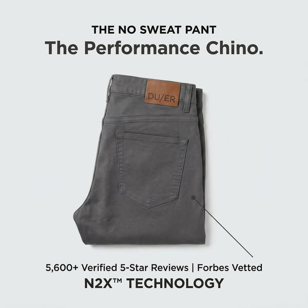This image ad features a pair of Du/er performance chino pants, highlighting their 'no sweat' technology and the