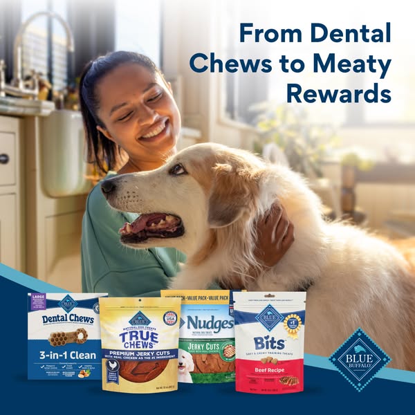 This image ad for Blue Buffalo dog treats features an array of dental chews and meaty rewards that your dog will surely 