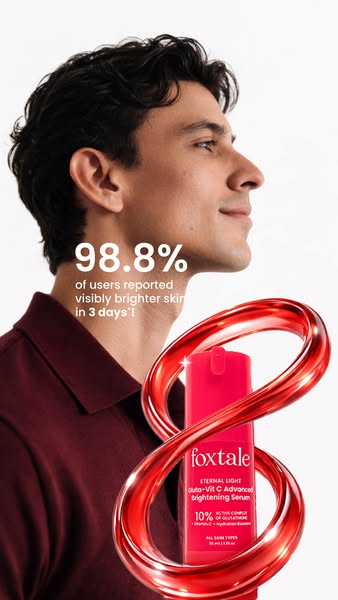 The ad features a man with fair skin, showcasing the results of using the advertised brightening serum from Foxtale. The