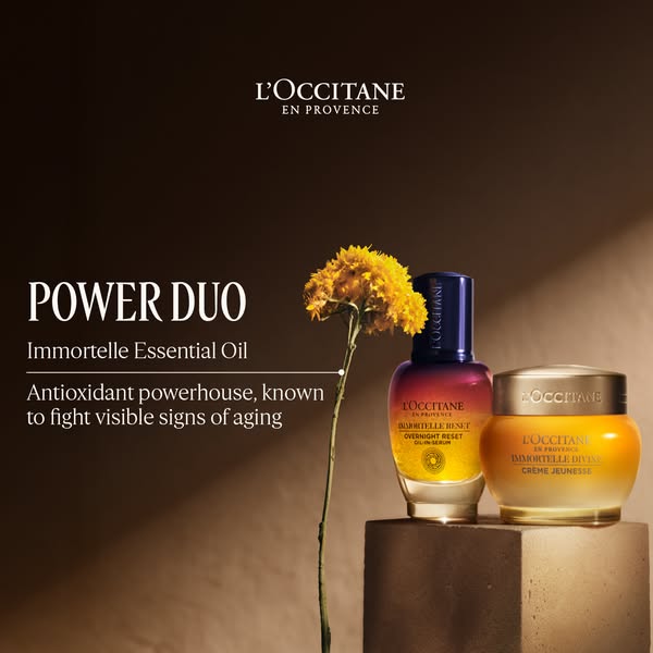 This ad for L'Occitane en Provence features their Immortelle Essential Oil skincare duo, highlighting their antioxid